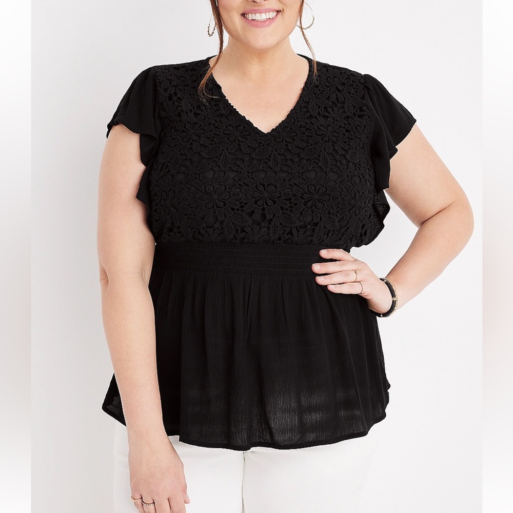 Maurices 2X. Vistas solid lace peplum smocked waist too with flutter sleeves